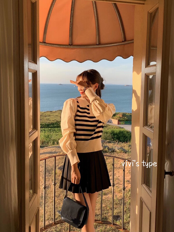 New in autumn!【VIVIS TYPE】Korean version design fake two-piece striped knitted sweater YS1-9628# HJY