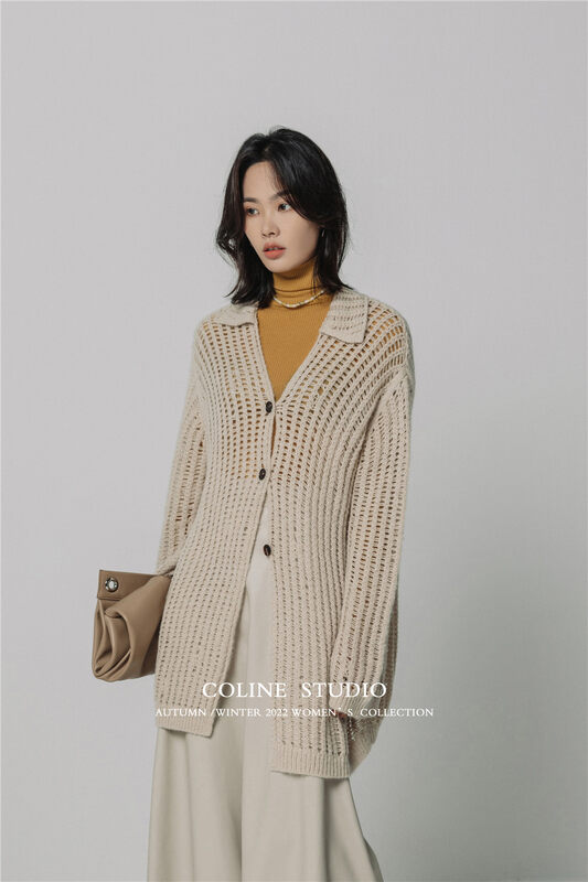 New in autumn! [COLINE] Korean standard all-match hollow loose knitted cardigan (including 45% wool) C2352# HYY