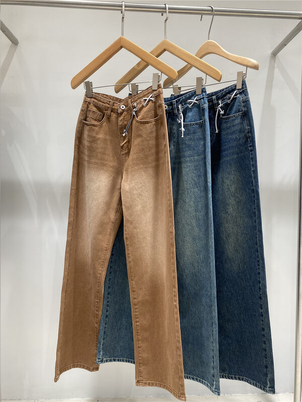 New for Autumn!【O NOT 1】High-waisted lace-up wide-leg jeans N919# LSW
