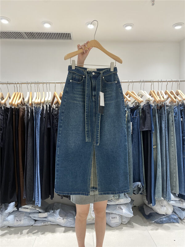 New in autumn!【JEANS】Retro high-waisted slim denim skirt (with belt) N855# LSW