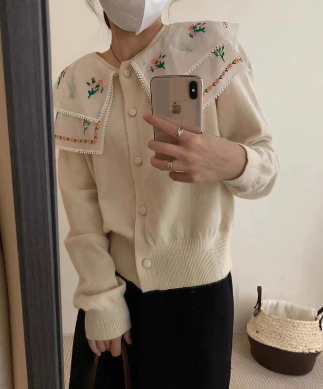 New in autumn!【ZINGSTYLE】Korean sweet embroidered color-blocking warm sweater 82222# HBX