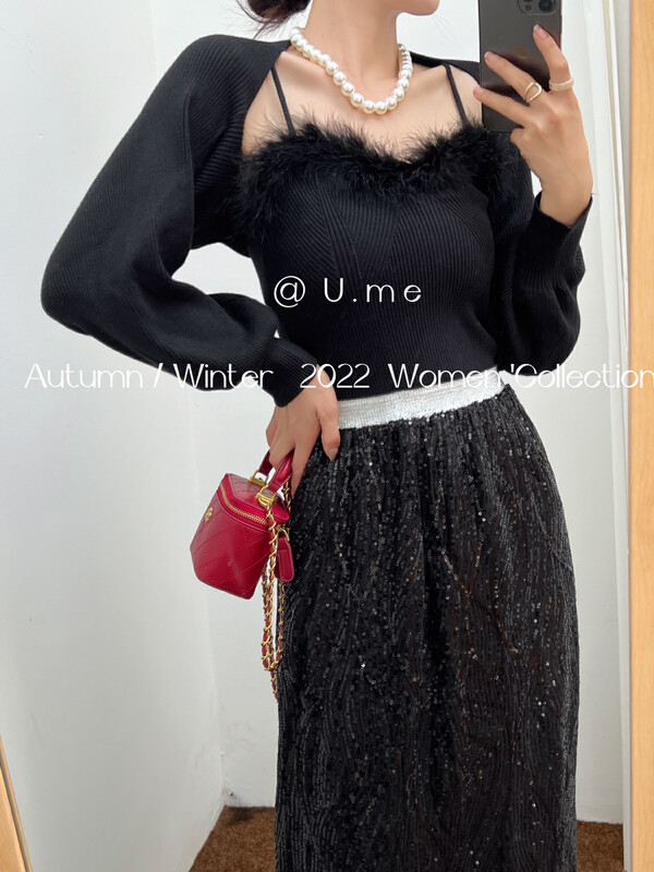 New in autumn! [UME] Retro Little Woman Feather Knit Cardigan + Camisole Suit YS1-009# HJY