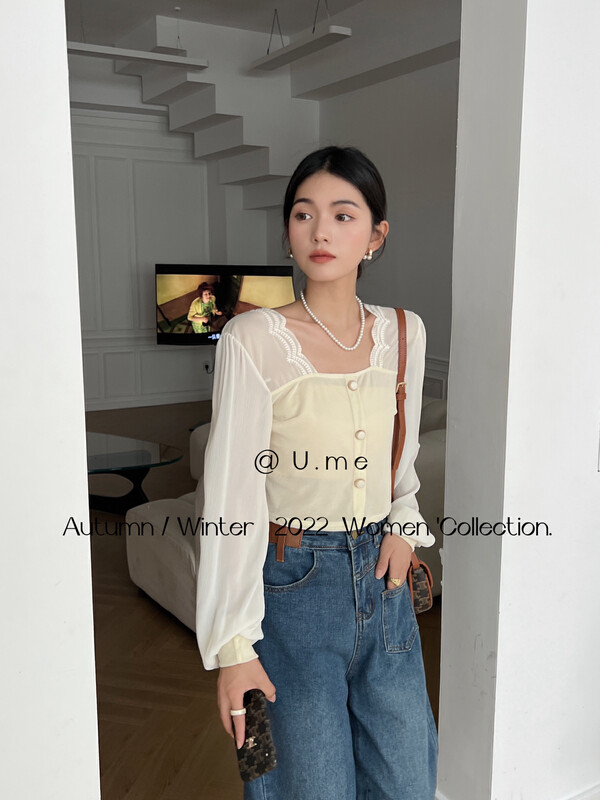 New in autumn! [U.ME] Retro and elegant stitching small shirt YS1-18312# HJY