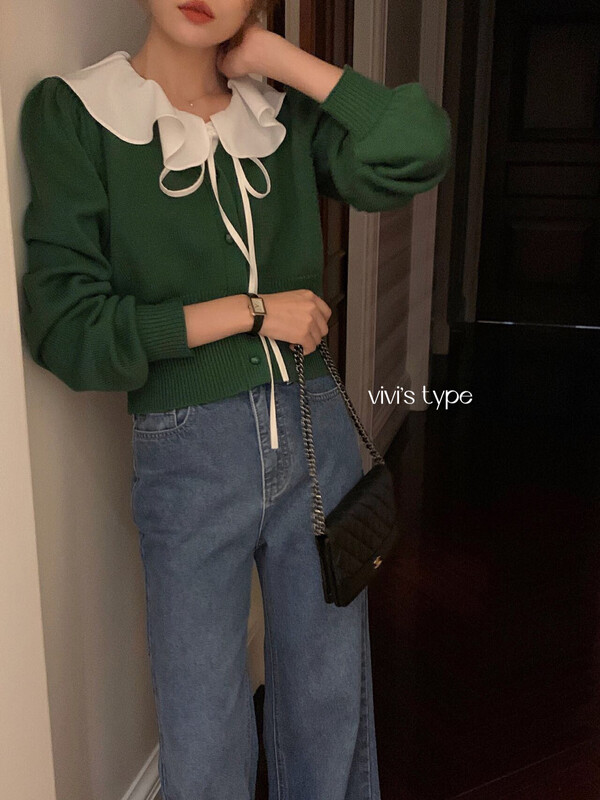 New in autumn! [VIVIS TYPE] Korean version design lotus leaf collar fake two-piece knitted sweater 9115# HJY
