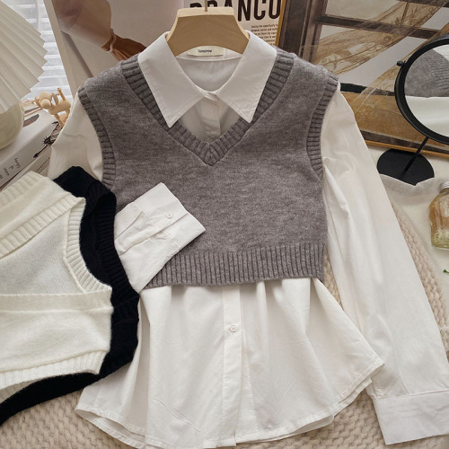 Sleeveless V-neck short knitted vest vest women's autumn  new Korean version slim fit and thin outer vest