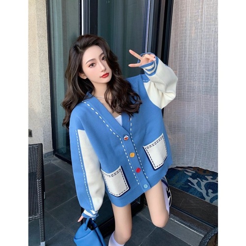 V-neck knitted cardigan women's winter 2022 new design sense niche casual retro contrast color stitching sweater jacket