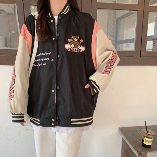Double-layered bear towel embroidered jacket women's stand-up collar baseball uniform loose casual ins jacket