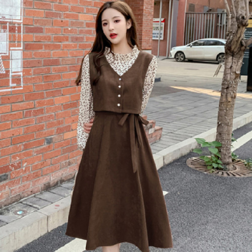  autumn and winter Korean version of the floral stitching vest fake two-piece long-sleeved mid-length section is thin and high-waisted girlfriends dress female