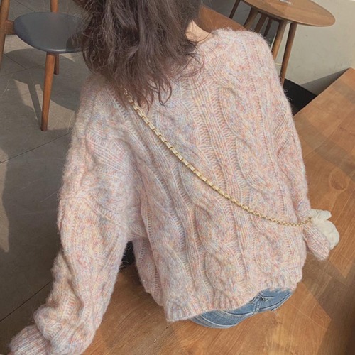 Japanese soft milk powder color twist sweater women's autumn and winter thickening net red lazy wind short knitted outer top