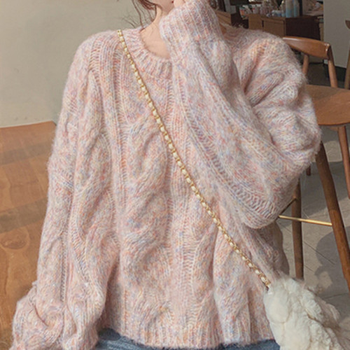 Japanese soft milk powder color twist sweater women's autumn and winter thickening net red lazy wind short knitted outer top