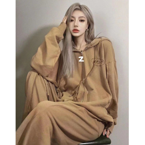 American retro style sportswear suit female loose oversize spring and autumn student casual running sweater two-piece set