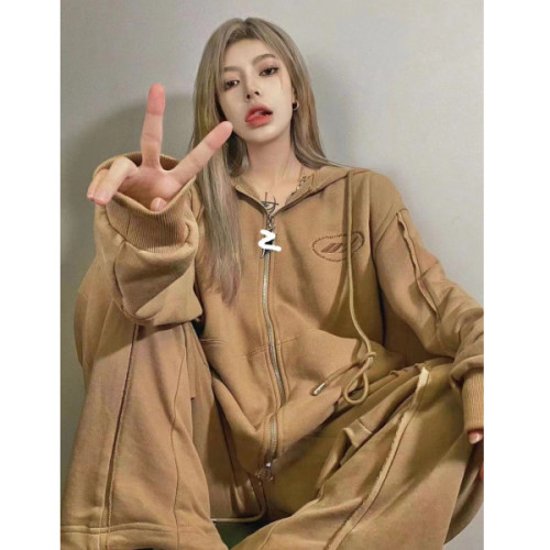 American retro style sportswear suit female loose oversize spring and autumn student casual running sweater two-piece set