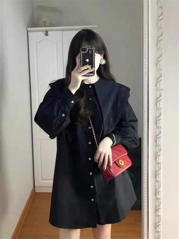 Autumn is new! [Clothing] Pure black big lapel long shirt (only selling shirts) 1308# PCZ