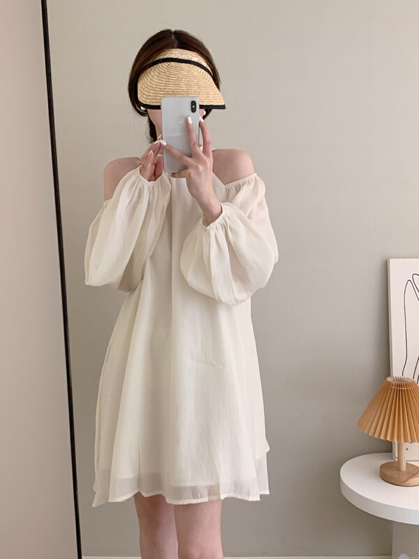 New in early autumn! [BOBI] French niche off-the-shoulder strappy bow dress 602# HJY
