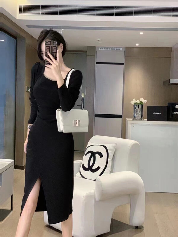 New in autumn! [Xiye] Solid color square collar slim slit dress A6012# JJ