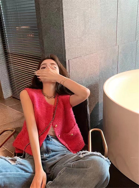 New in autumn! [MOSAIC] Xiaoxiang style textured breasted pocket vest 223027# CQW