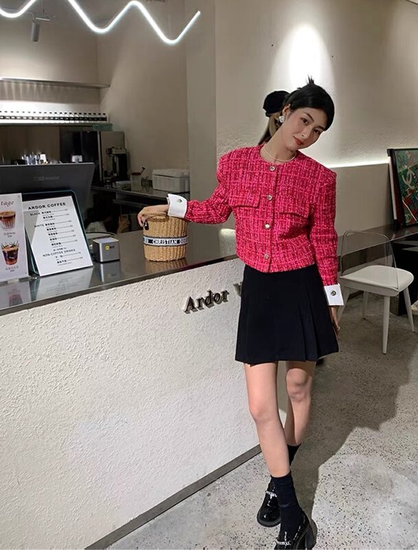 New in autumn! [Xiye] Retro breasted color-blocking short coat G1998# JJ