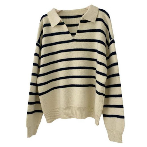2022 autumn and winter striped long-sleeved sweater women's POLO shirt loose lazy wind pullover simple student age-reducing trend