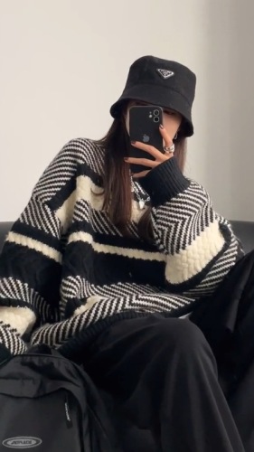 Striped sweater women's autumn and winter loose pullover lazy wind outside wear mid-length knitted sweater top chic early autumn coat