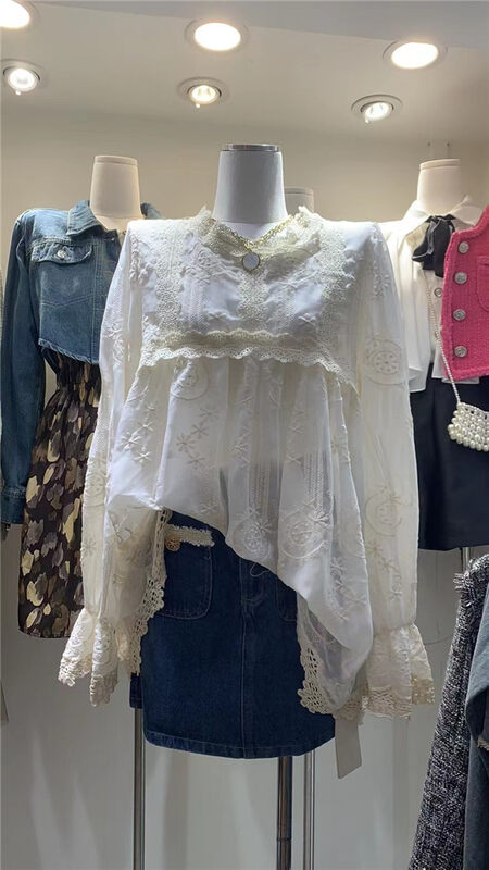 Autumn is new! [Clothing] Lace Doll Loose Shirt + Suspender Solid Color Versatile Vest Set 1323# PCZ