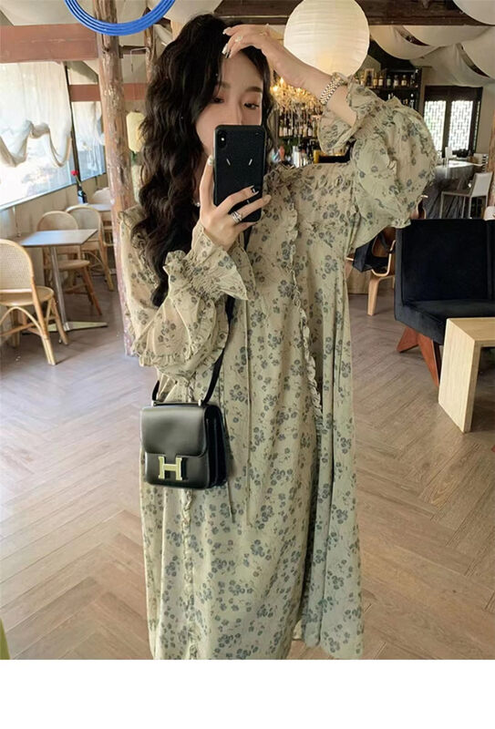 New in autumn! [Clothing] Korean style thin floral chiffon dress 1283# PCZ