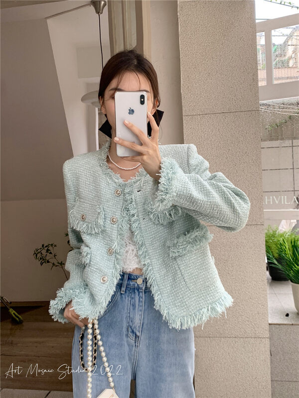 New in early autumn! [REMAIN] round neck single-breasted fashion short coat 226198# XYJ