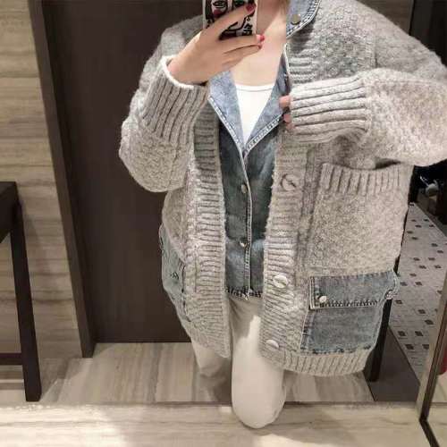 Knitted stitching denim jacket women's Korean version loose retro casual all-match thin 2022 new women's tops