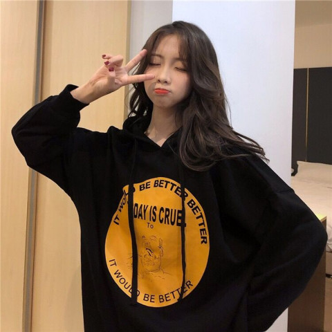 Autumn Korean version  new loose ins Harajuku style mid-length student hooded long-sleeved sweater women's top trend