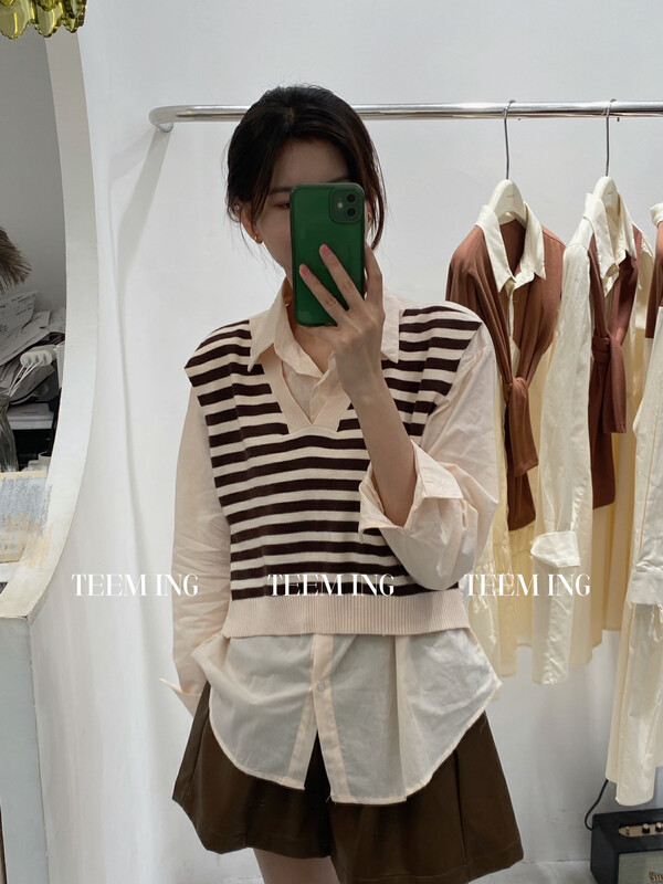 New in autumn!【TEEM ING】Design fake two-piece striped stitching pullover shirt 22T593# HJY