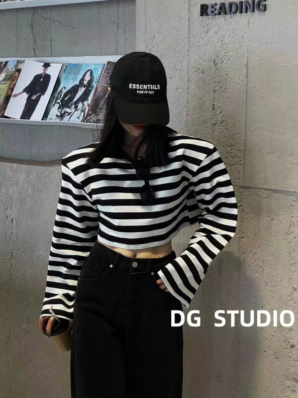 New in early autumn! [East ROOM] shoulder pads loose round neck short striped long-sleeved T-shirt 9710# WTT