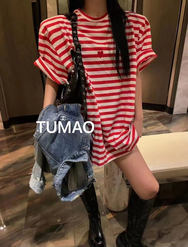 New in autumn! [DL] Embroidered striped Korean love short-sleeved T-shirt 9107# WTT