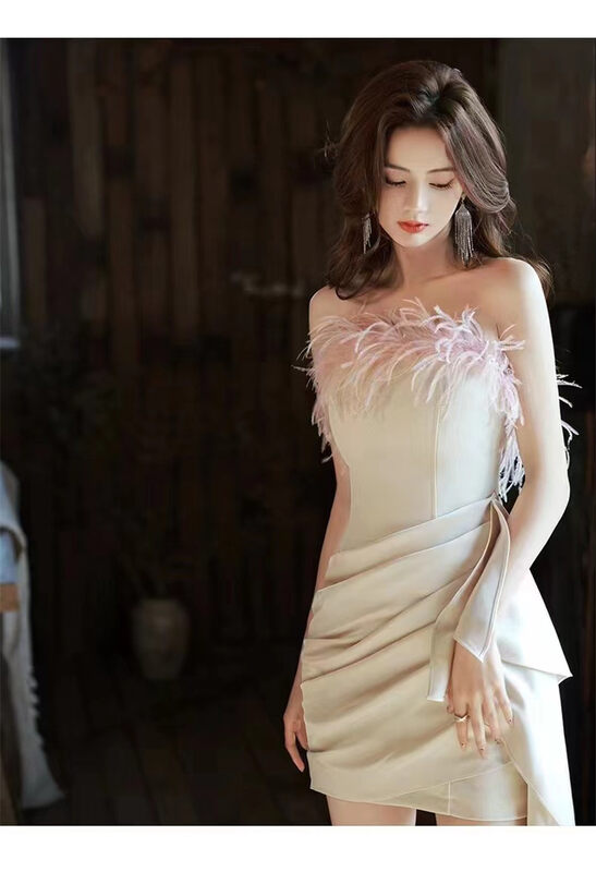 New in autumn! [Clothing] Temperament fashion tube top waist feather edge dress 1288# PCZ