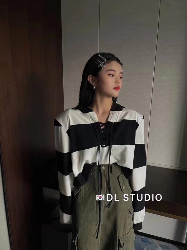 New in Autumn! [DL] Strap Striped Korean Hoodie 9105# WTT