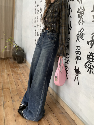 Real shot real price retro big trousers wide leg straight jeans primary color washed denim