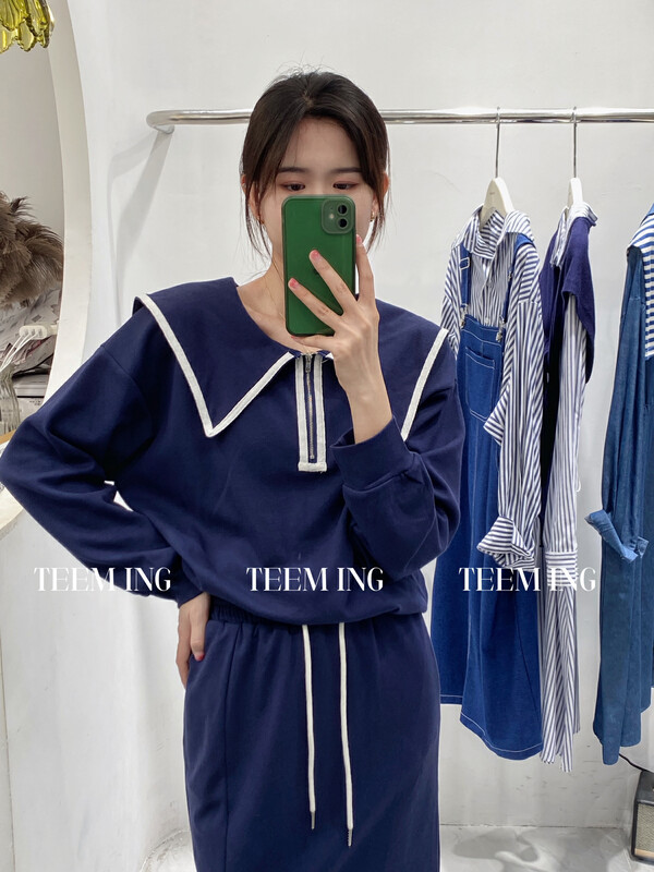 New in autumn! [TEEM ING] Navy collar sweater + high waist slim skirt suit 22T591# HJY