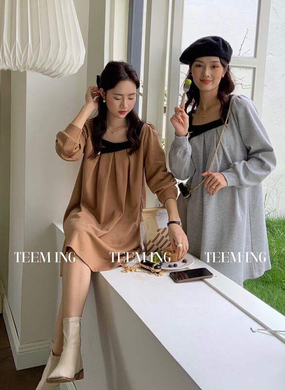 New in autumn!【TEEM ING】Nice design square collar long-sleeved dress (with chain bag) 22T882# HJY