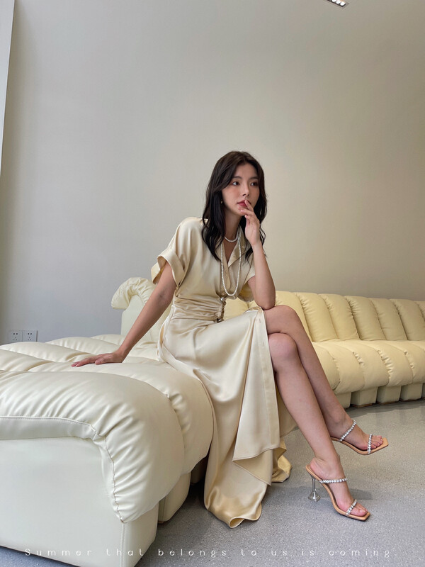 Original price 236.75! [GL] Acetate Tailored Waist Design Dress C5050