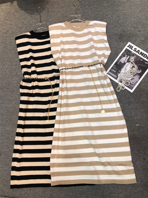 New in early autumn! [Xiye] Casual round neck striped knitted dress (with chain) 560# JJ