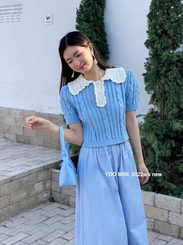 CXDHH [Strictly Selected-Growing Grass into Trees] Korean Version Lapel Contrast Color Short Sleeve Warm Sweater XC16-17206-Z# JHY