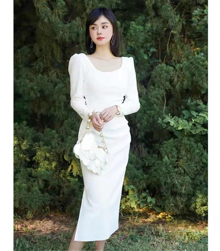 New in early autumn! [Xiye] Slim-packed buttocks solid color square-neck dress 5976# JJ
