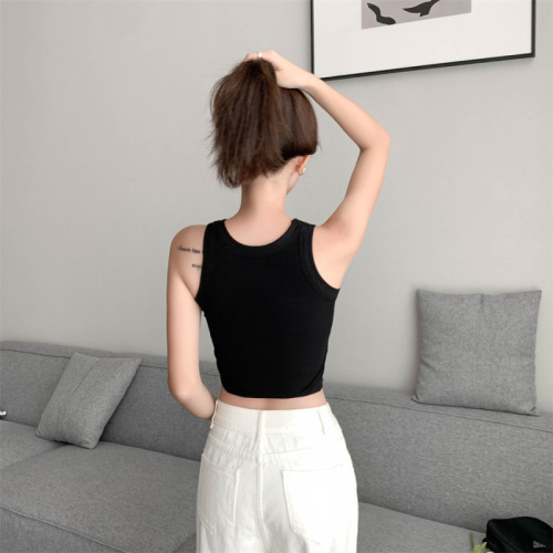 Real shot Korean popular letter embroidery U-neck waist hot girl short waistless sexy women's vest top with chest pad