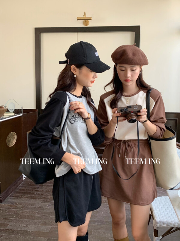 New in autumn! [TEEM ING] Personalized letter contrasting color raglan sweater + skirt two-piece suit 22T891# HJY