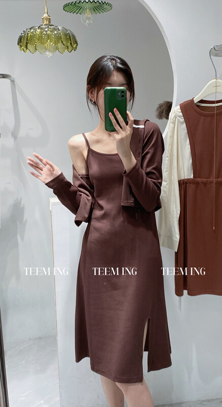 New in autumn! [TEEM ING] Simple hooded jacket + temperament slim suspender skirt suit 22T585# HJY