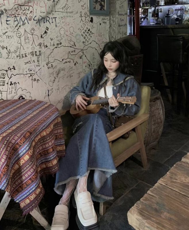 Autumn is new! [Clothing] Large lapel raw edge denim jacket + high waist fishtail skirt suit 1296# PCZ