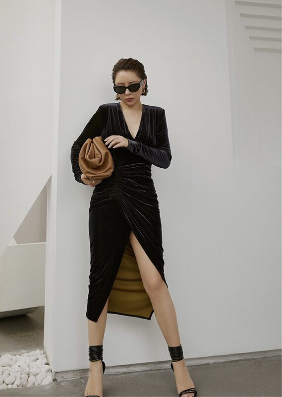 New in autumn! [Xiye] V-neck velvet slit dress 5788# JJ