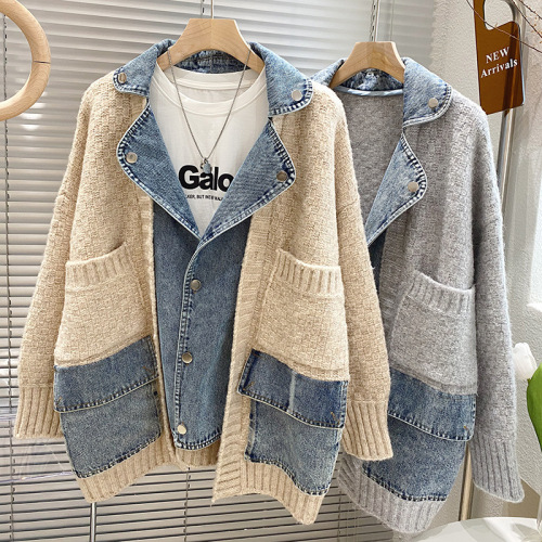 Knitted stitching denim jacket women's Korean version loose retro casual all-match thin 2022 new women's tops
