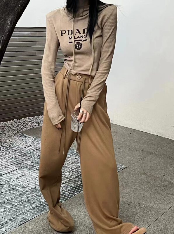 New in autumn! [East ROOM] Elastic shoulder pads letter printing pullover long-sleeved T-shirt 90033# WTT