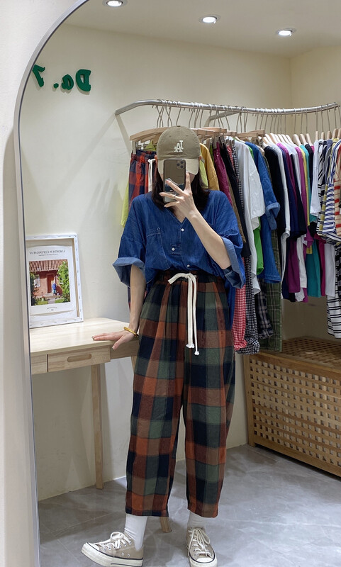 【DA.7】 Contrast color large plaid lace ninth pants casual pants 8978# LSL