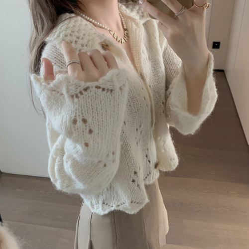 Grape Mom studiolee early autumn new style lazy wind knitted cardigan coat women's loose hollow sweater