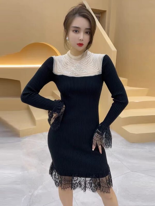 New in autumn! [Xiye] Round neck slim color matching knitted dress d60185# JJ